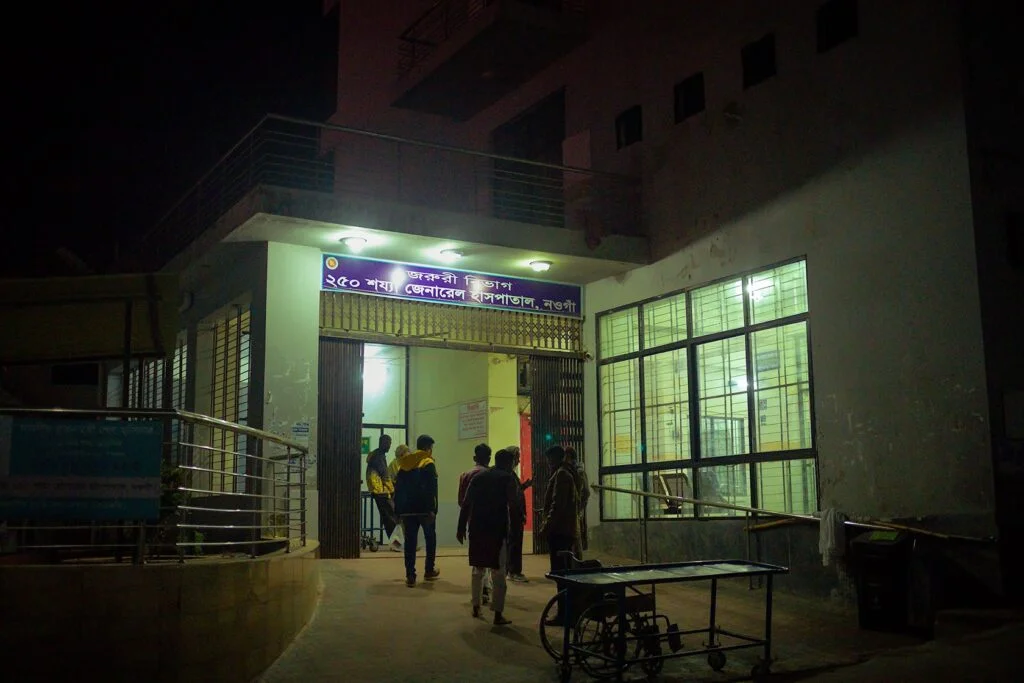 Night view of the emergency department at Naogaon Govt.'s 250-bedded general hospital.