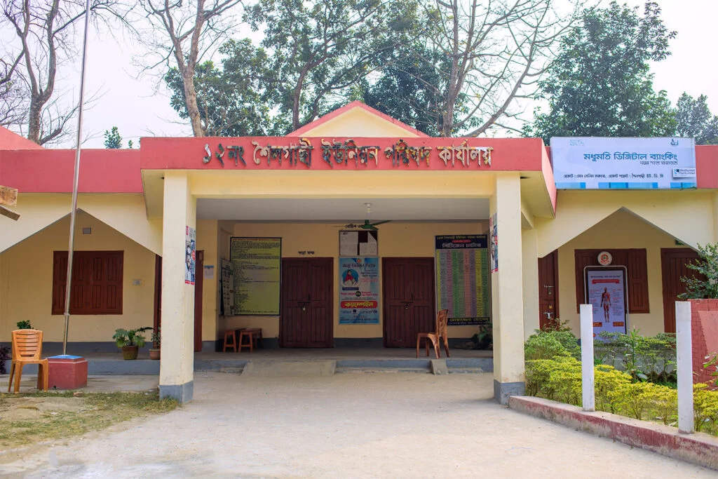 Yellow-colored 12 No. Shailgachi Union Parishad complex in Sadar Upazila.