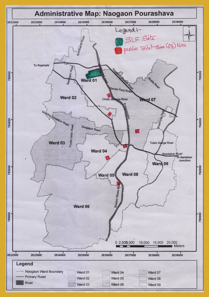 Administrative map of Naogaon Pourashava with marked locations of public toilets.