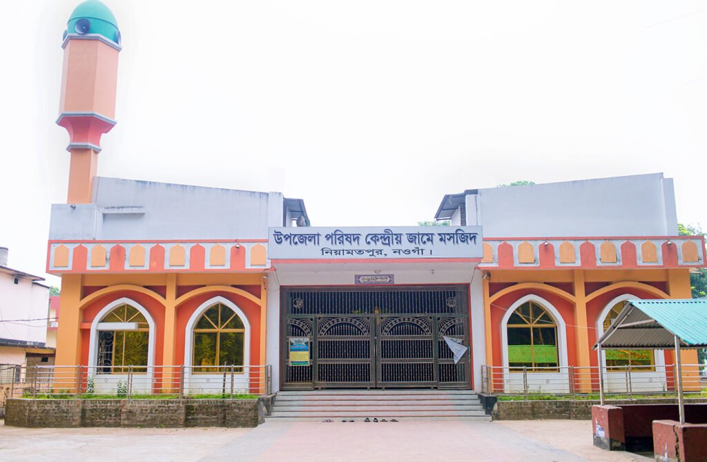 Colorful Upazila Parishad central mosque building in Niamatpur, Naogaon. Photo 2024.